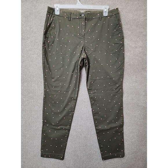 Boden Chino Straight Leg Pants Womens US 12 Green Pink Polka Dots Stretch NEW - Picture 1 of 8